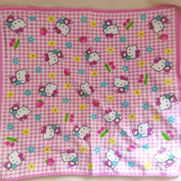 Sanrio Hello Kitty Pink Flowers Cherries Strawberries Checkered Handkerchief - Picture 1 of 3